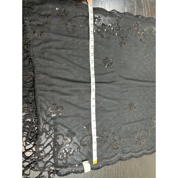 Whimsygoth- Black Semi Sheer Shawl- Tassel- sequin floral design- preowned - Picture 8 of 8